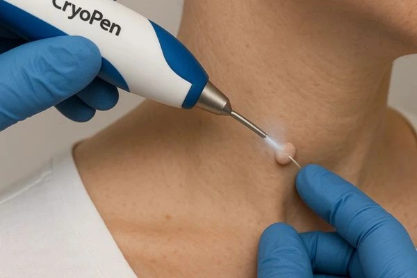 Person receiving Cryotherapy skin tag removal Busby