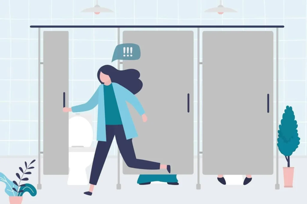 graphic of Urine incontinence Busby woman running to the toilet.