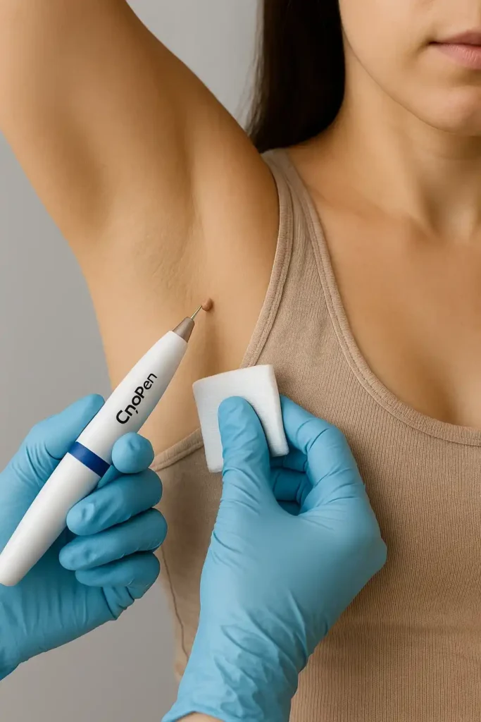 woman having cryopen to remove underarm skin tags Busby